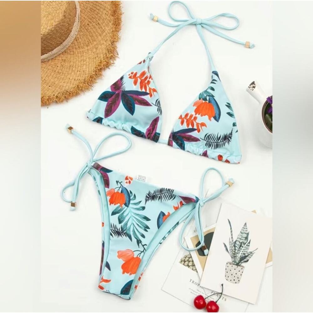 NEW Mint Green Hawaiian Print Triangle Top Cheeky String Bikini LARGE